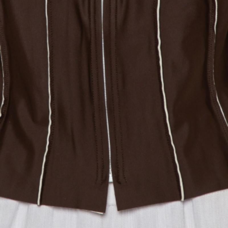 Chanel Brown Knit Paneled Zip Front Cropped Jacket L For Sale 2