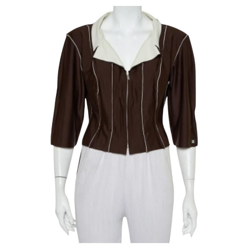 Chanel Brown Knit Paneled Zip Front Cropped Jacket L For Sale