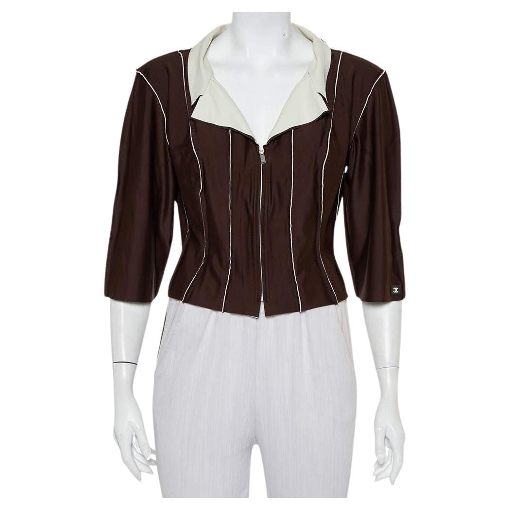 Chanel Brown Knit Paneled Zip Front Cropped Jacket L For Sale