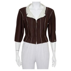 Chanel Brown Knit Paneled Zip Front Cropped Jacket L