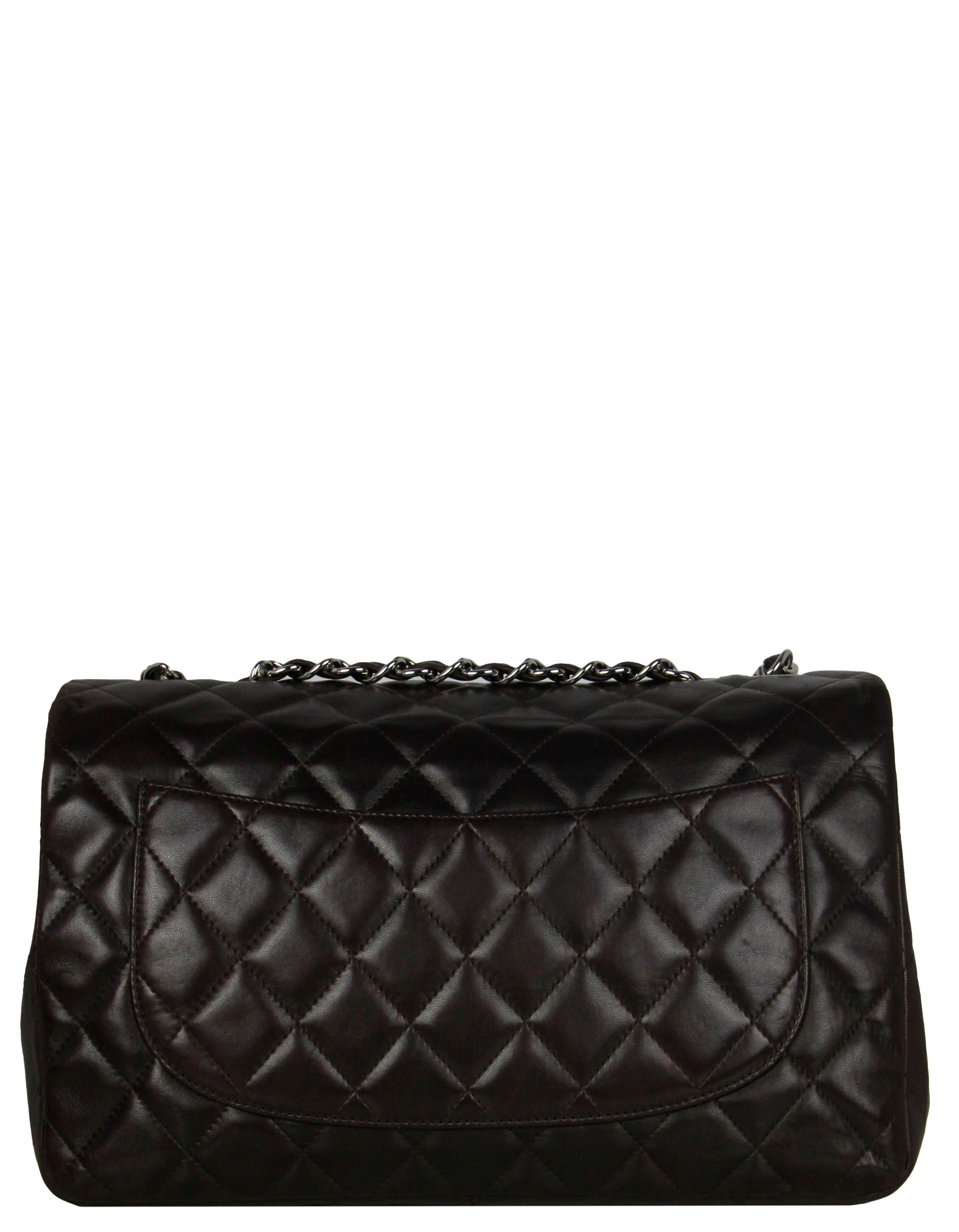 Chanel Brown Lambskin Quilted Single Flap Jumbo Classic Bag In Good Condition For Sale In New York, NY