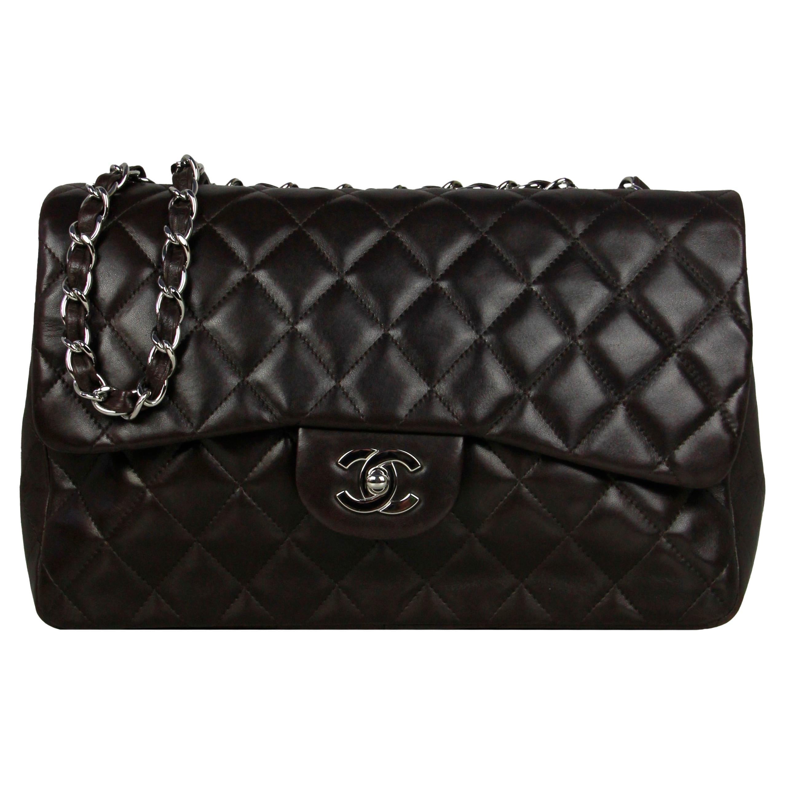 Chanel Brown Lambskin Quilted Single Flap Jumbo Classic Bag For Sale