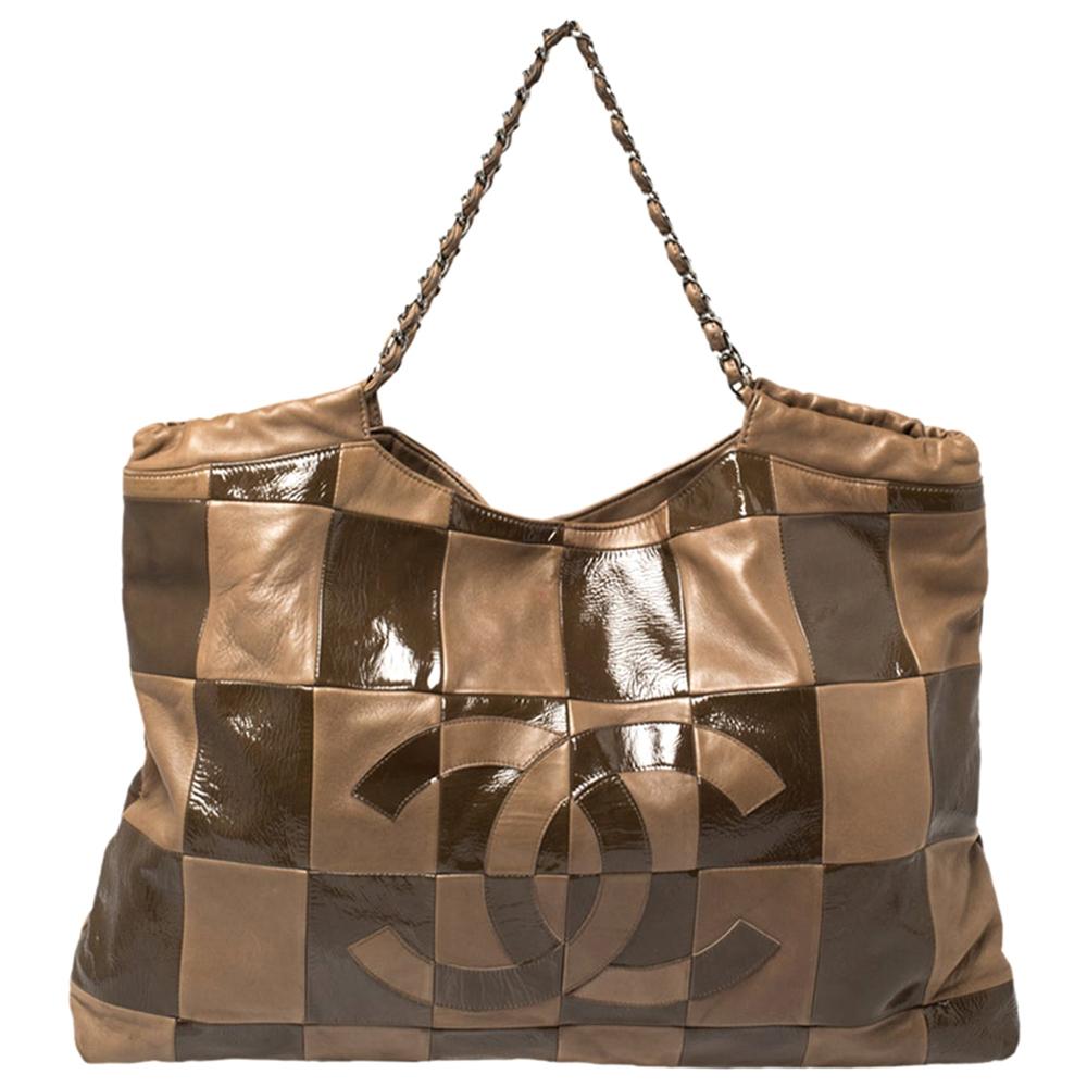Chanel Brown Leather and Patent Leather Large Brooklyn Patchwork Cabas Tote