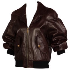 Retro Chanel Brown Leather Bomber Jacket Runway 1990s
