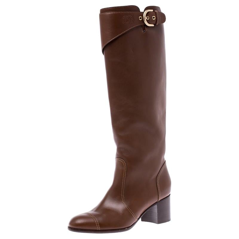Chanel Brown Leather Cap Toe Block Heel High Boots Size 39 at 1stDibs