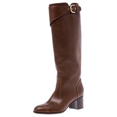 Chanel Brown Leather Cap Toe Block Heel High Boots Size 39