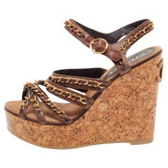 Chanel Brown Leather CC Chain Link Straps Cork Platform Wedges Sandals Size 37