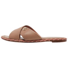 Used Chanel Brown Leather CC Crisscross Flat Slides Size 38