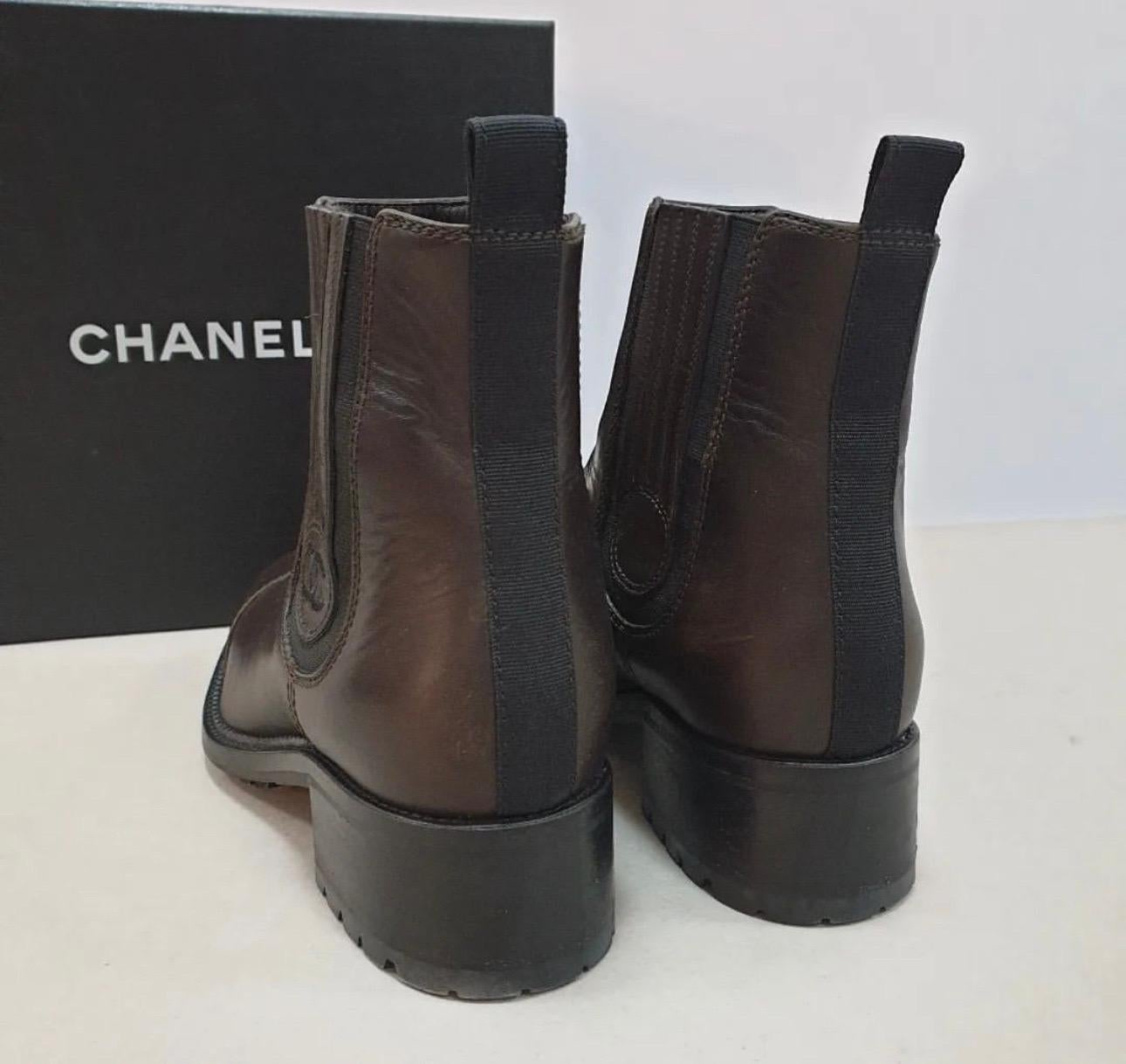 Black Chanel Brown Leather CC logo Ankle Boots  For Sale