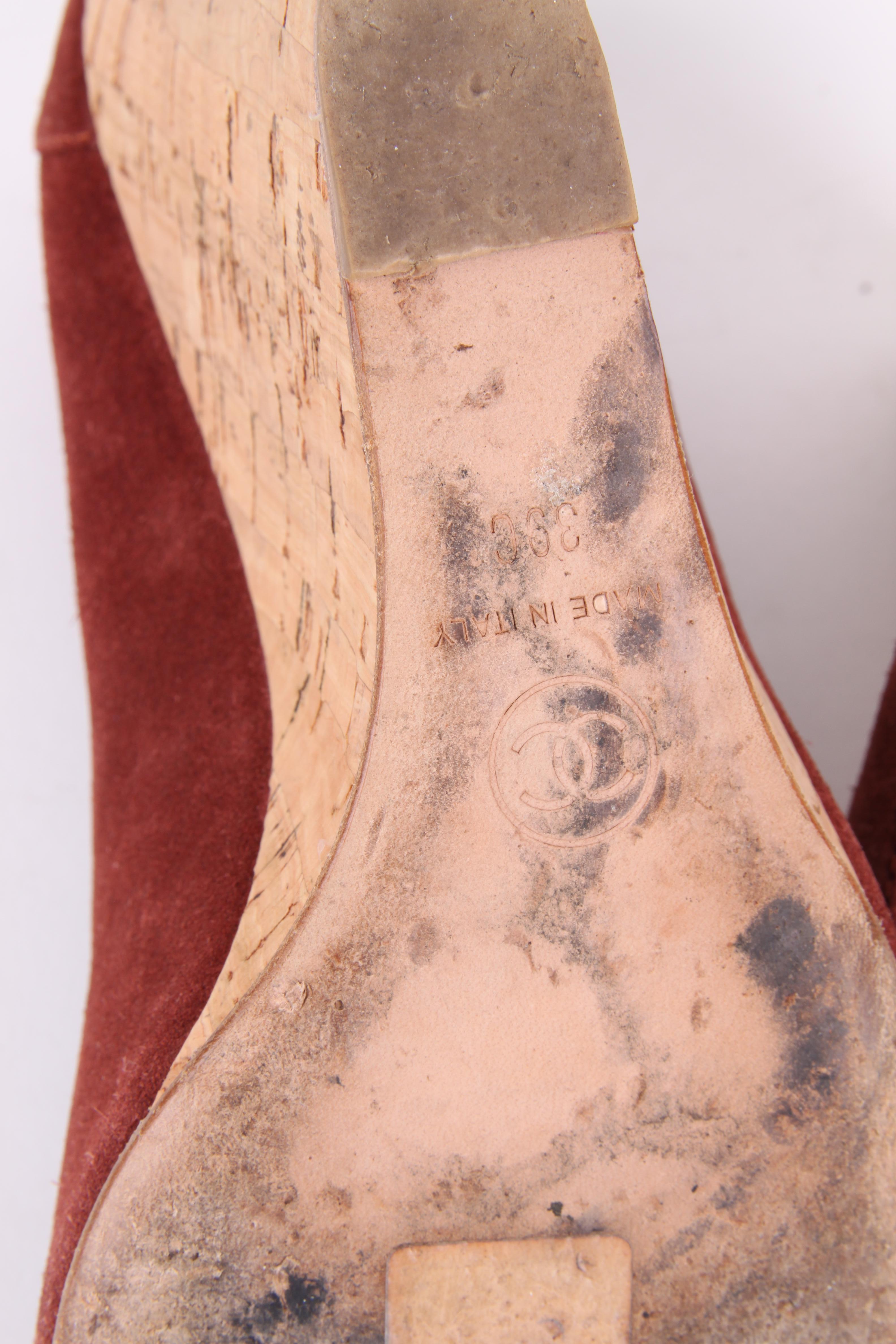Chanel brown leather CC logo coin detail cork wedge platform sandals For Sale 1