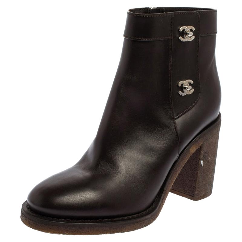 Chanel Brown Leather CC Turnlock Ankle Boots Size 41