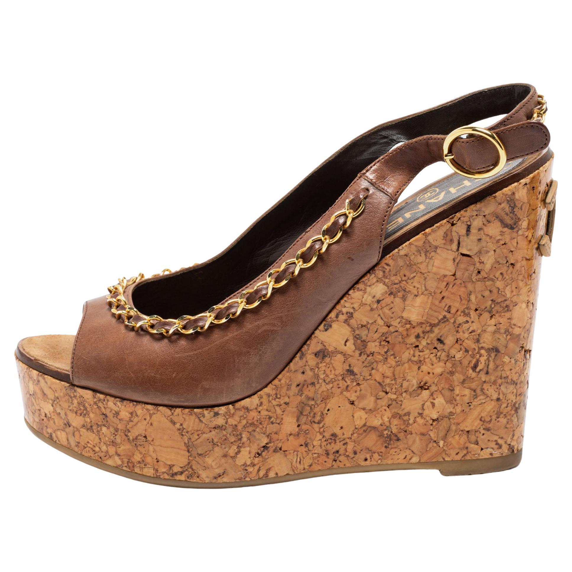Chanel Brown Leather Chain Detail CC Cork Platform Wedge Slingback Sandals  Size For Sale at 1stDibs
