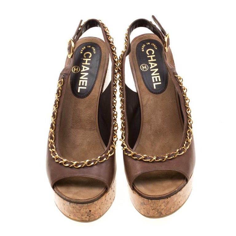 Chanel Brown Leather Chain Detail Cork Wedge Platform Sandals Size 38 ...