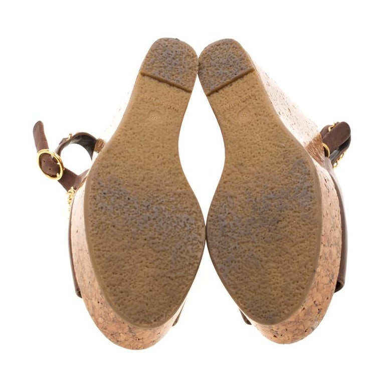 Chanel Brown Leather Chain Detail Cork Wedge Platform Sandals Size 38 ...