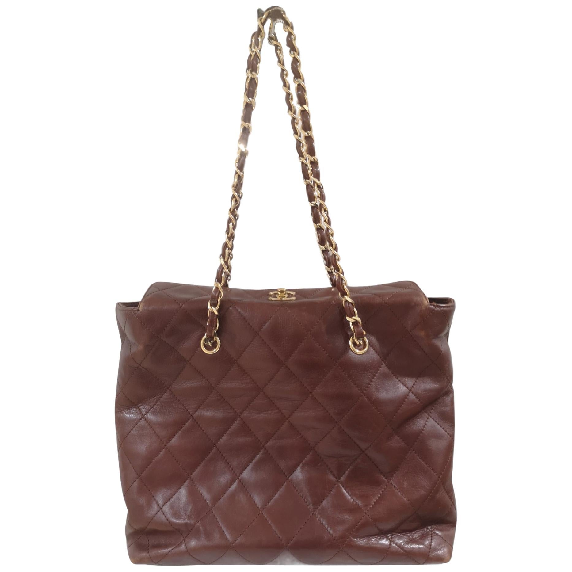 Chanel brown leather gold hardware shoulder bag