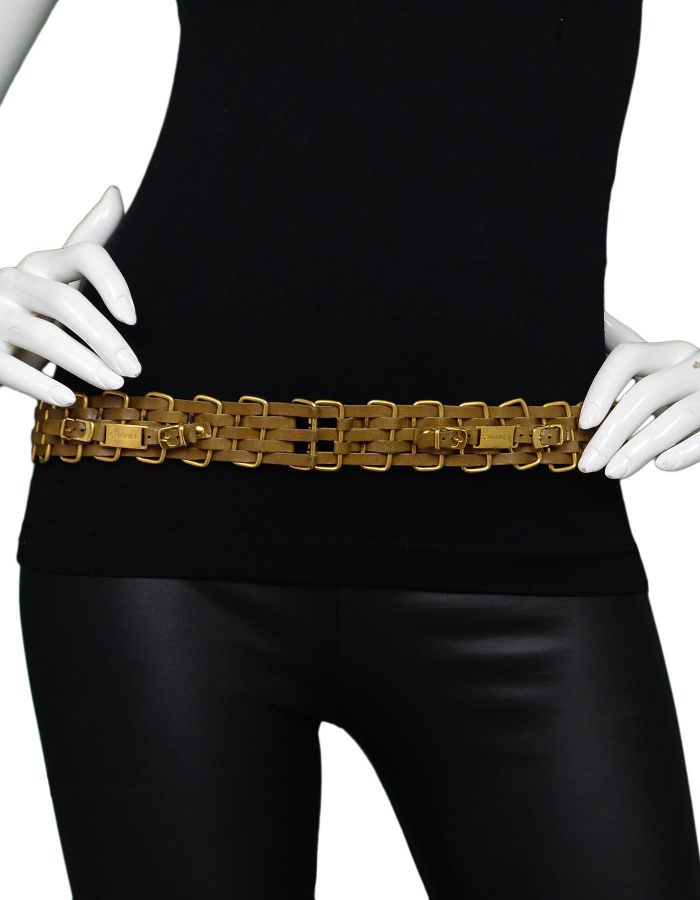 Chanel Brown Leather Goldtone Metal Woven ID Belt Sz 32