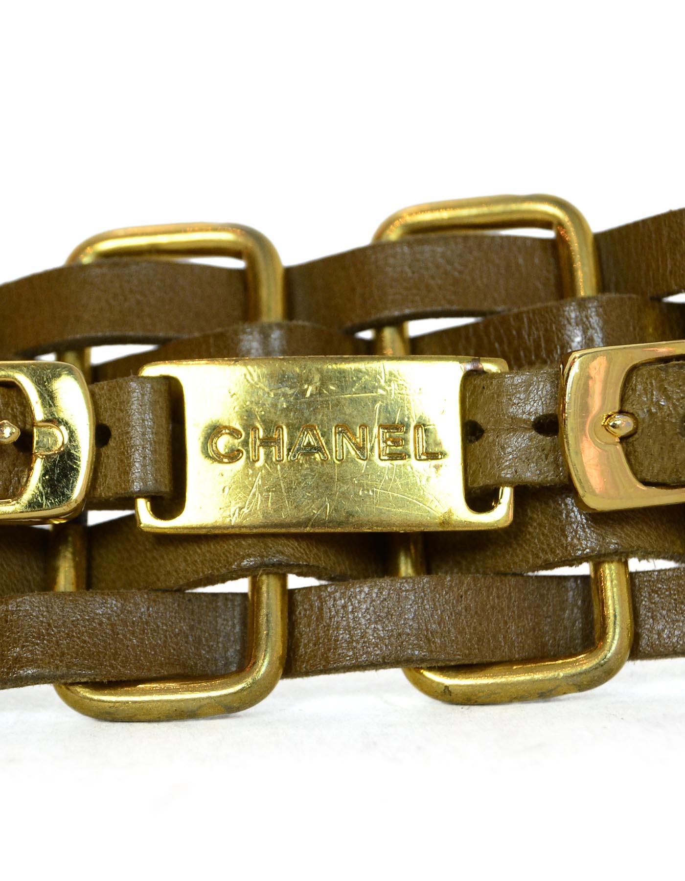 Chanel Brown Leather Goldone Metal Woven ID Belt Sz 32