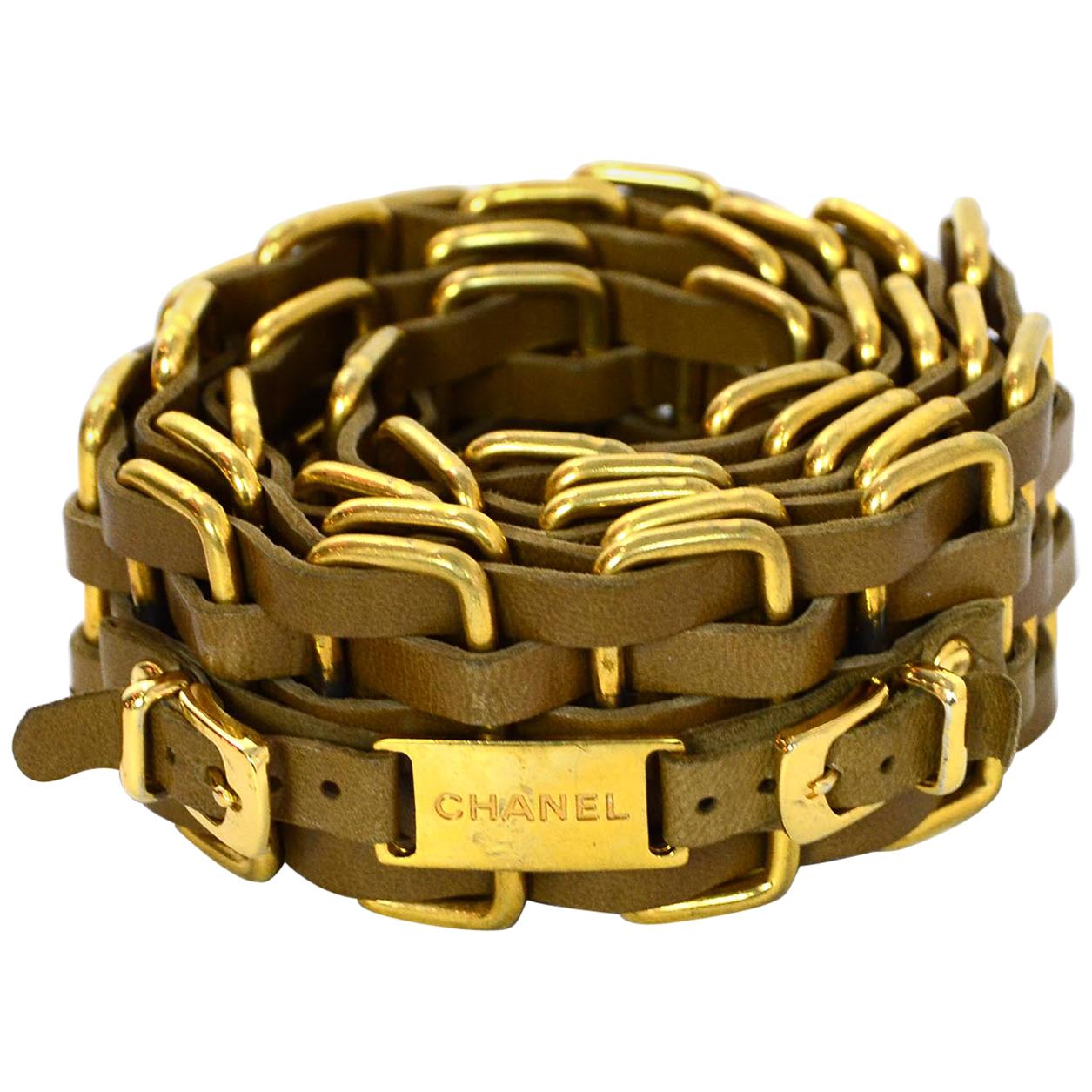 Chanel Brown Leather Goldone Metal Woven ID Belt Sz 32"