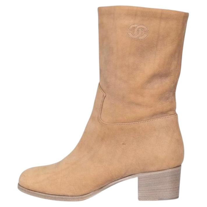 Chanel Brown Leather Heeled Ankle Boots, Size 38.5, Square Toe For Sale