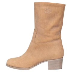 Chanel Brown Leather Heeled Ankle Boots, Size 38.5, Square Toe