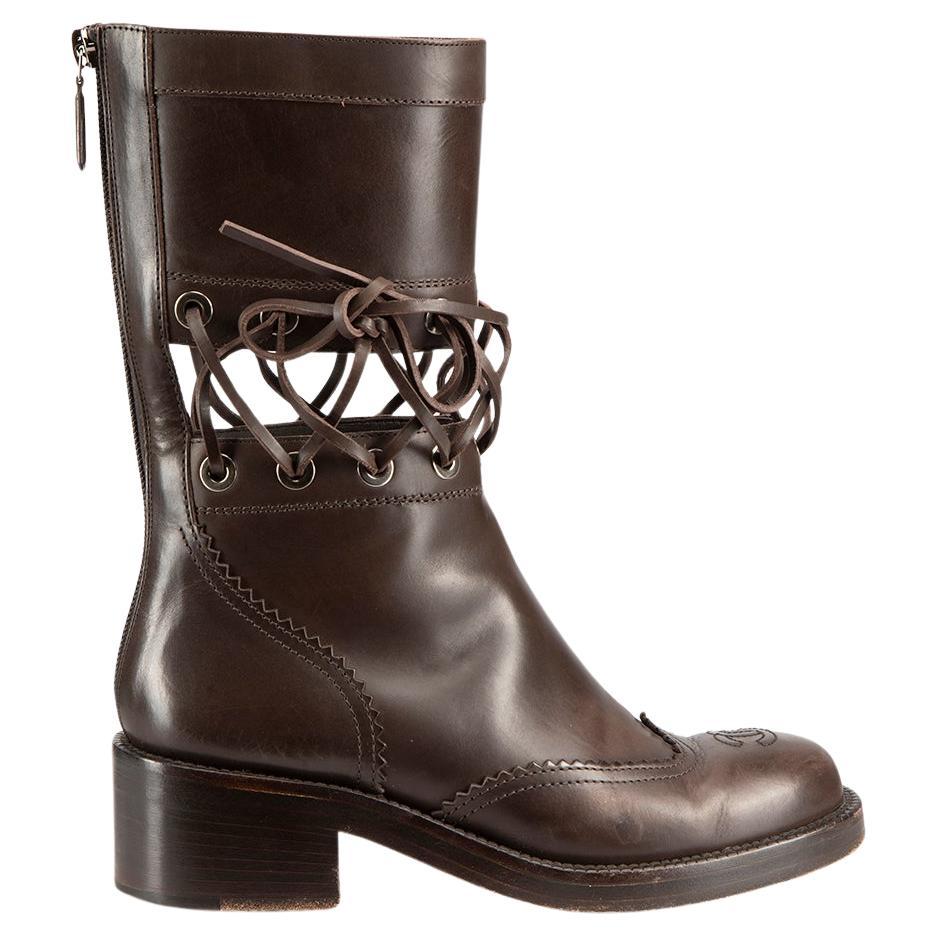 Chanel Brown Leather Laced Detail Mid Calf Boots Size IT 36