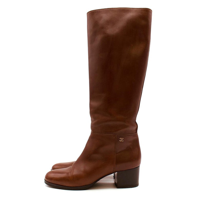 Chanel Brown Leather Low Heel Tall Boots SIZE 38.5 at 1stDibs  low heel  tall brown boots, brown chanel boots, brown leather tall boots low heel