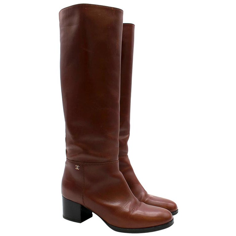 Chanel Brown Leather Low Heel Tall Boots SIZE 38.5 at 1stDibs | chanel ...