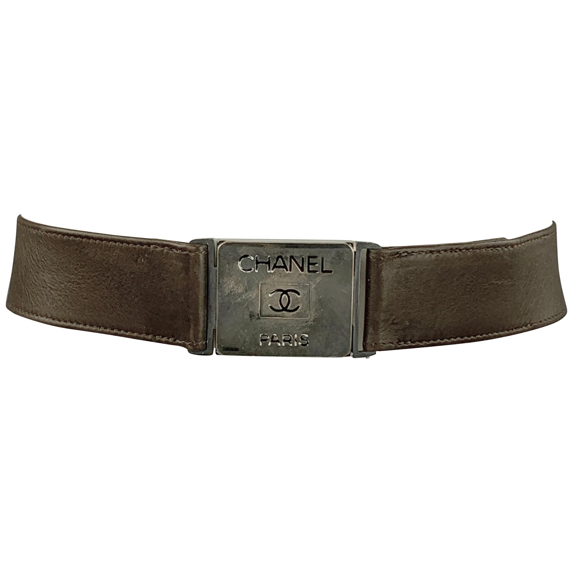CHANEL Brown leather Silver CC Buckle '96 Belt