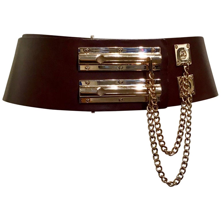 Chanel Brown Leather Sliding Chain Lock Belt For Sale at 1stDibs