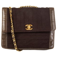 CHANEL brown LEATHER TRIM WOOL JERSEY FLAP Umhängetasche