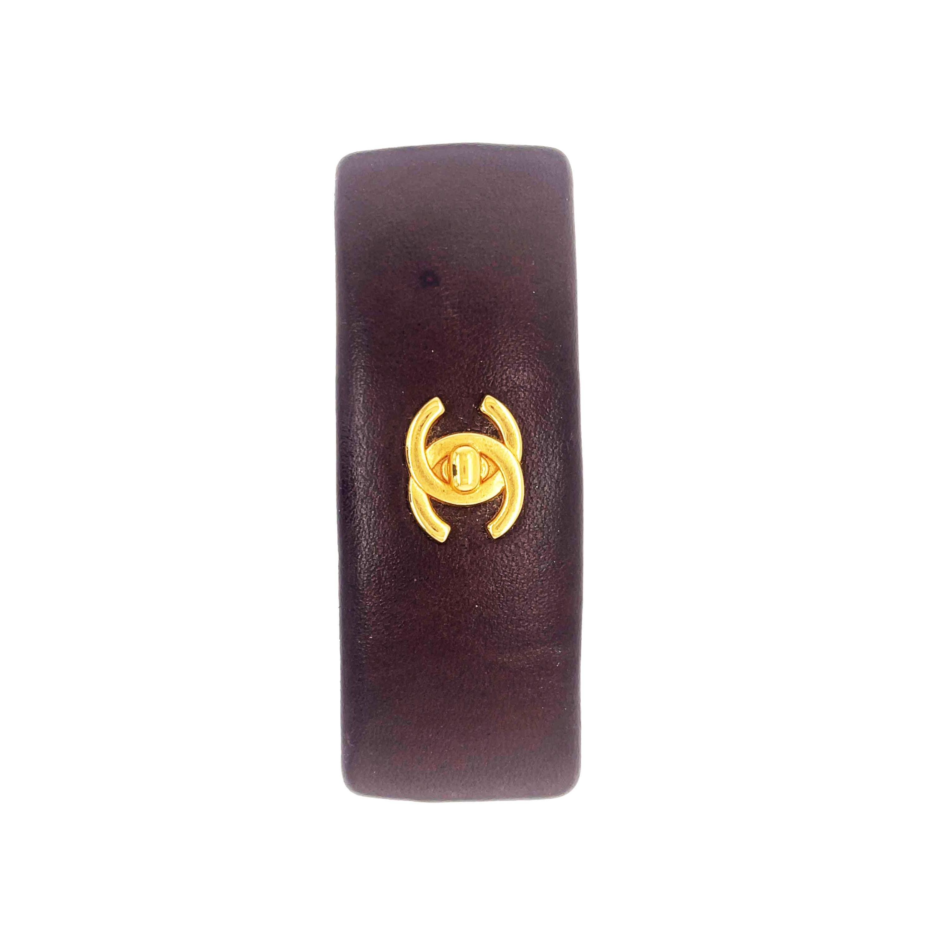 Women's CHANEL Brown Leather Turnlock CC Barrette Brown / Gold