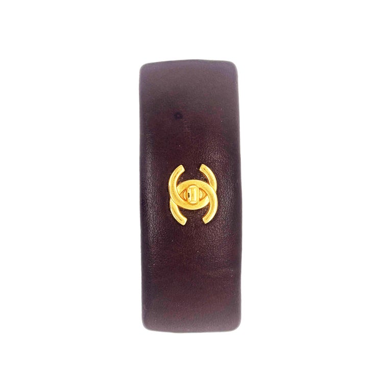 CHANEL Brown Leather Turnlock CC Barrette Brown / Gold For Sale 1