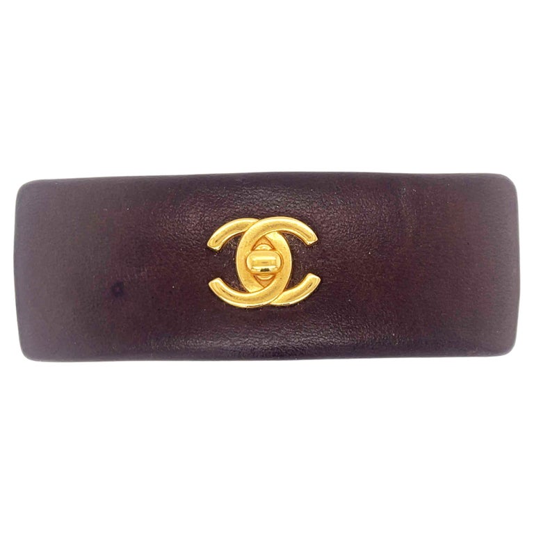 CHANEL Brown Leather Turnlock CC Barrette Brown / Gold For Sale