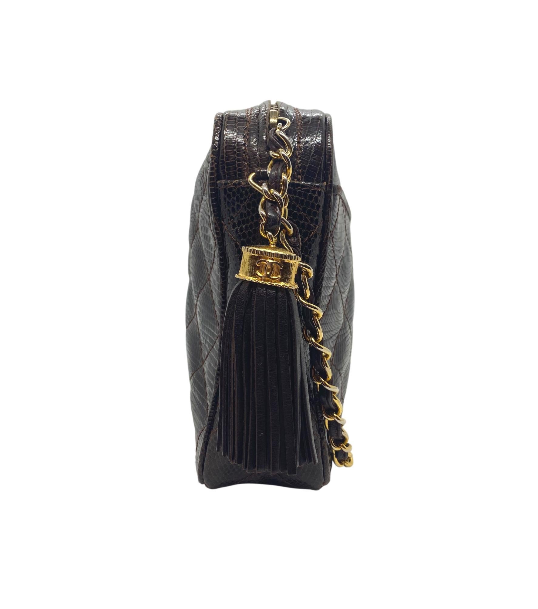 Black Chanel Brown Lizard Vintage Camera Tassel Bag with Gold Hardware