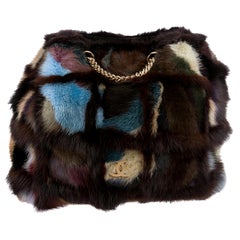Chanel 2000 Brown Multicolor Patchwork Mink Fur Chain Shoulder Tote Bag