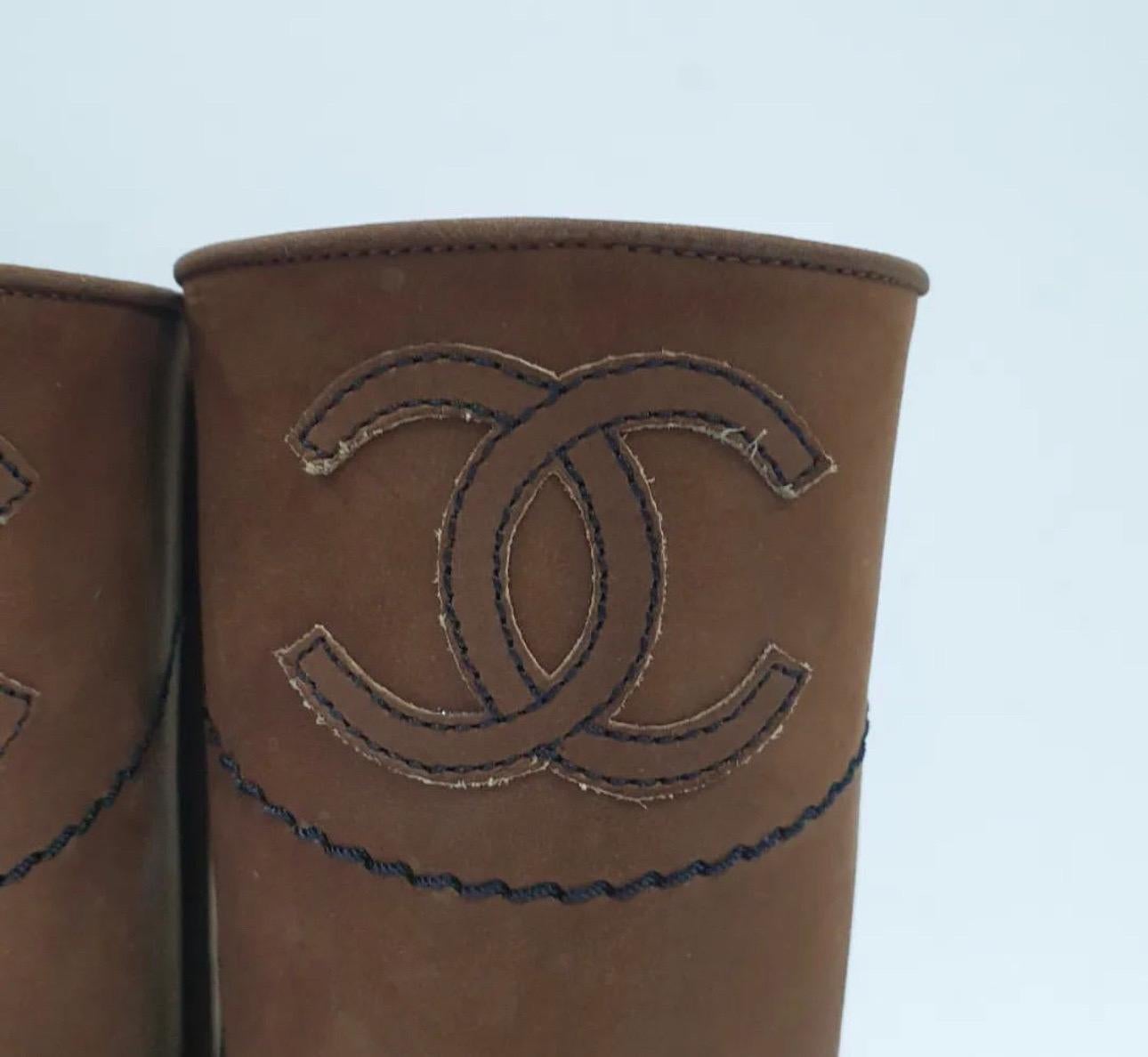 Chanel Brown Nubuck Leather CC Cowboy Flat Boots  1