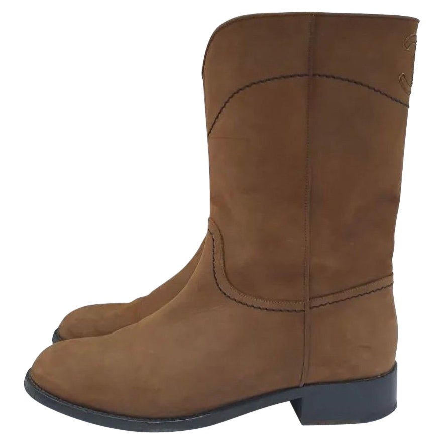 Chanel Brown Nubuck Leather CC Cowboy Flat Boots