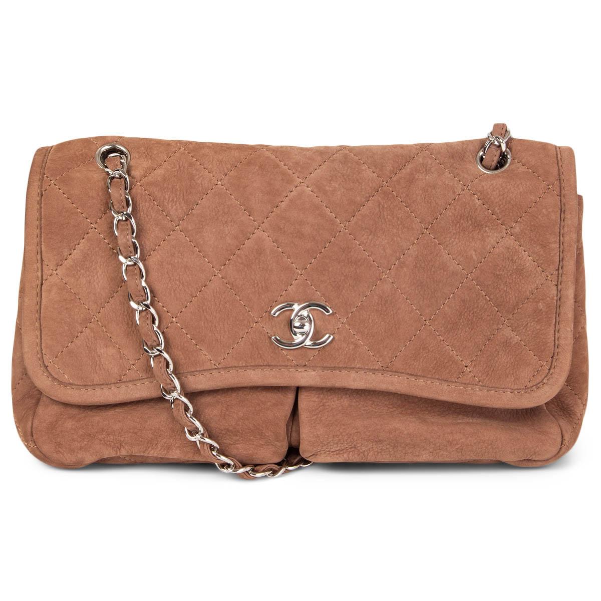 100% authentic Chanel Natural Beauty Medium Flap Bag in light brown quilted nubuck leather featuring silver-tone hardware and an open pocket at the back. Opens with a classic CC turn-lock and is lined in off-white canvas with two open front pockets