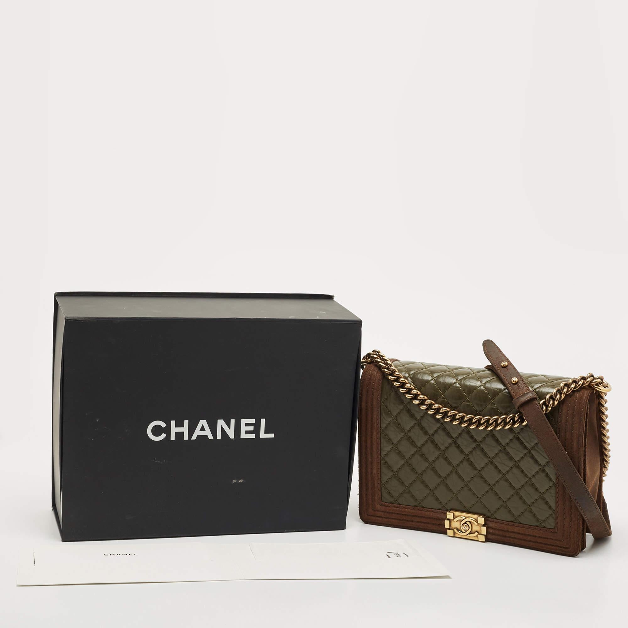 Chanel Brown/Olive Green Quilted Leather Large Paris-Edinburgh Boy Bag 14