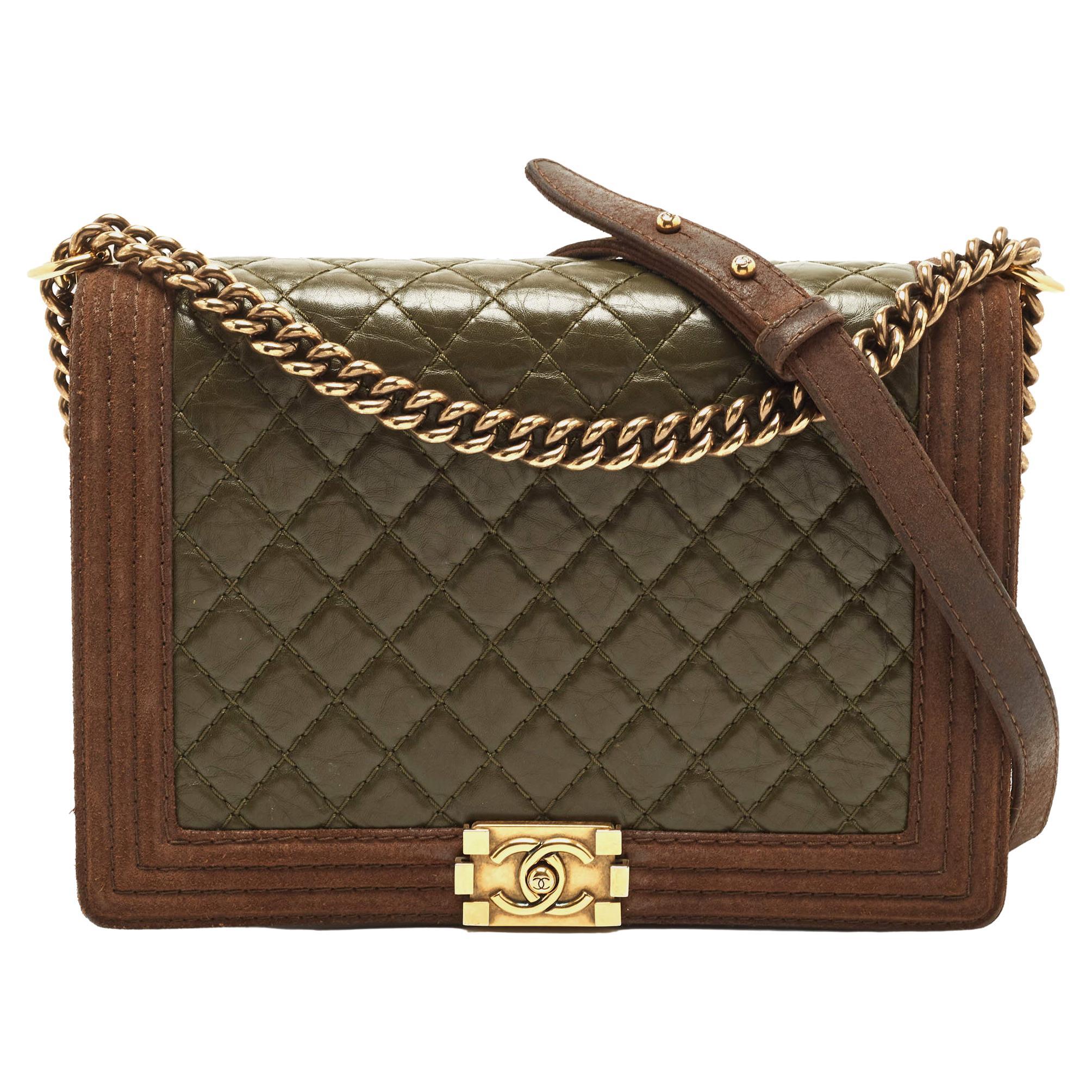 Chanel Brown/Olive Green Quilted Leather Large Paris-Edinburgh Boy Bag For Sale