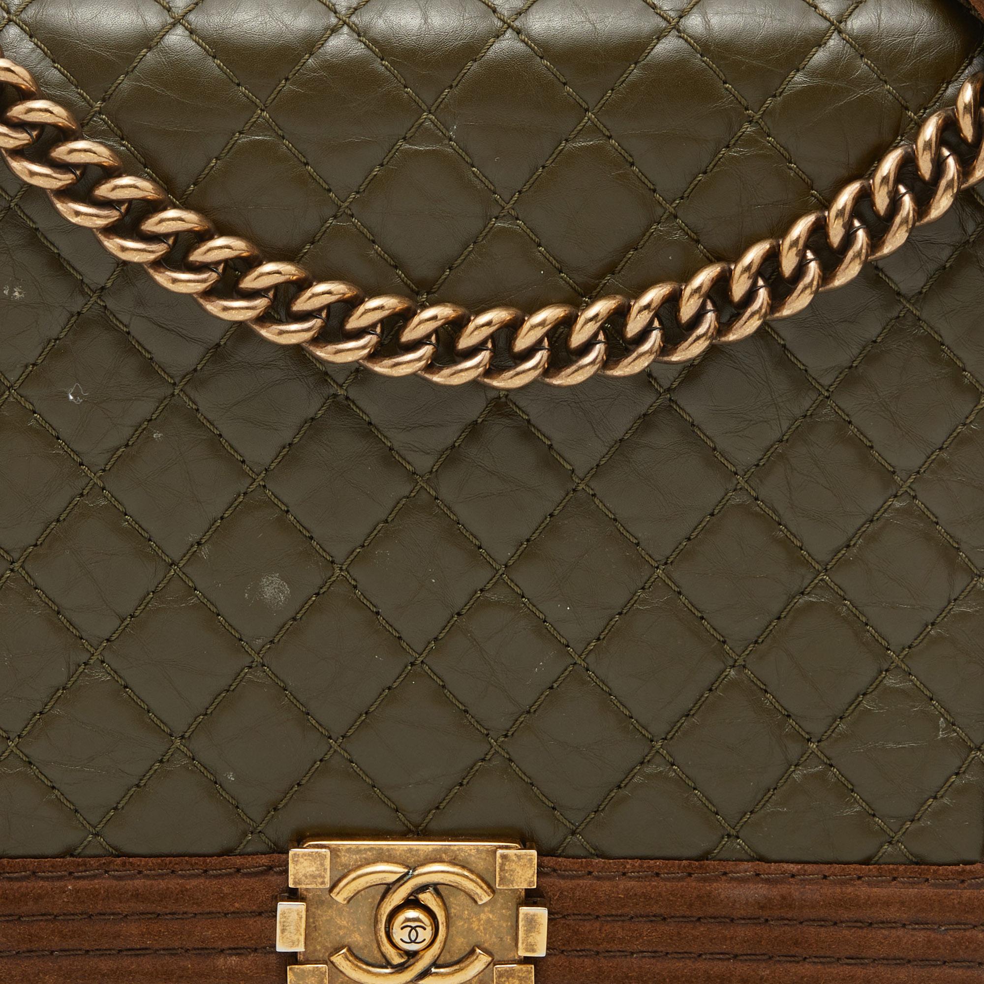 Chanel Brown/Olive Green Quilted Leather Paris-Edinburgh Large Boy Bag 5