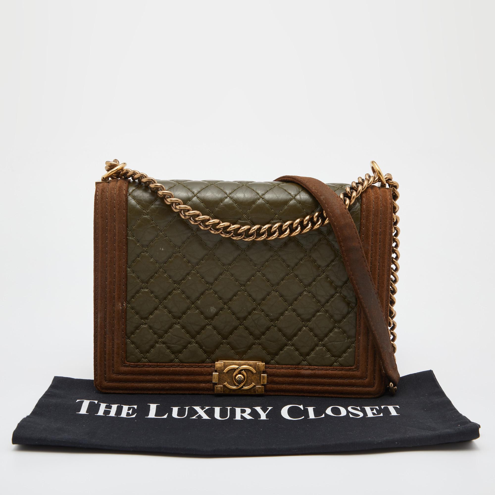 Chanel Brown/Olive Green Quilted Leather Paris-Edinburgh Large Boy Bag 9