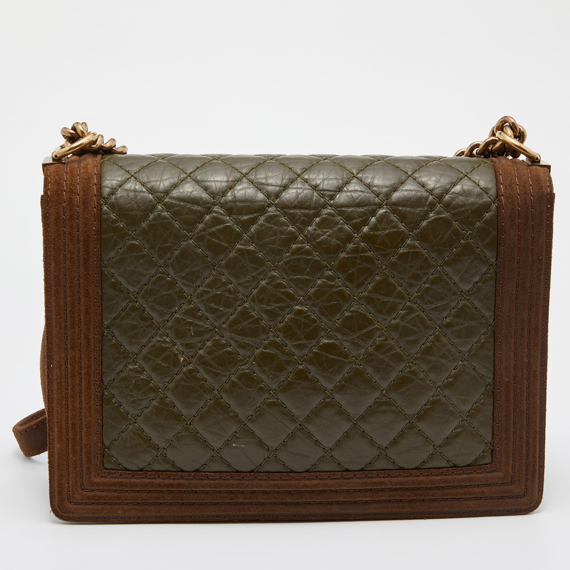 Chanel Brown/Olive Green Quilted Leather Paris-Edinburgh Large Boy Bag 3