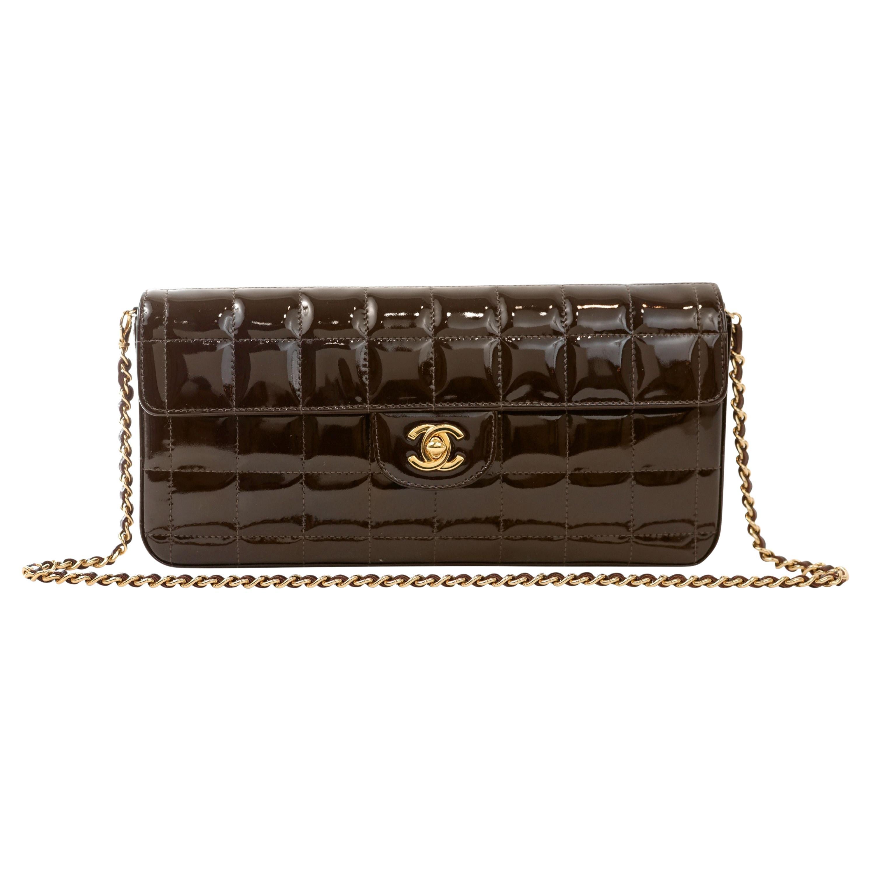 Chanel Brown Patent Leather Chocolate Bar East West Flap Bag