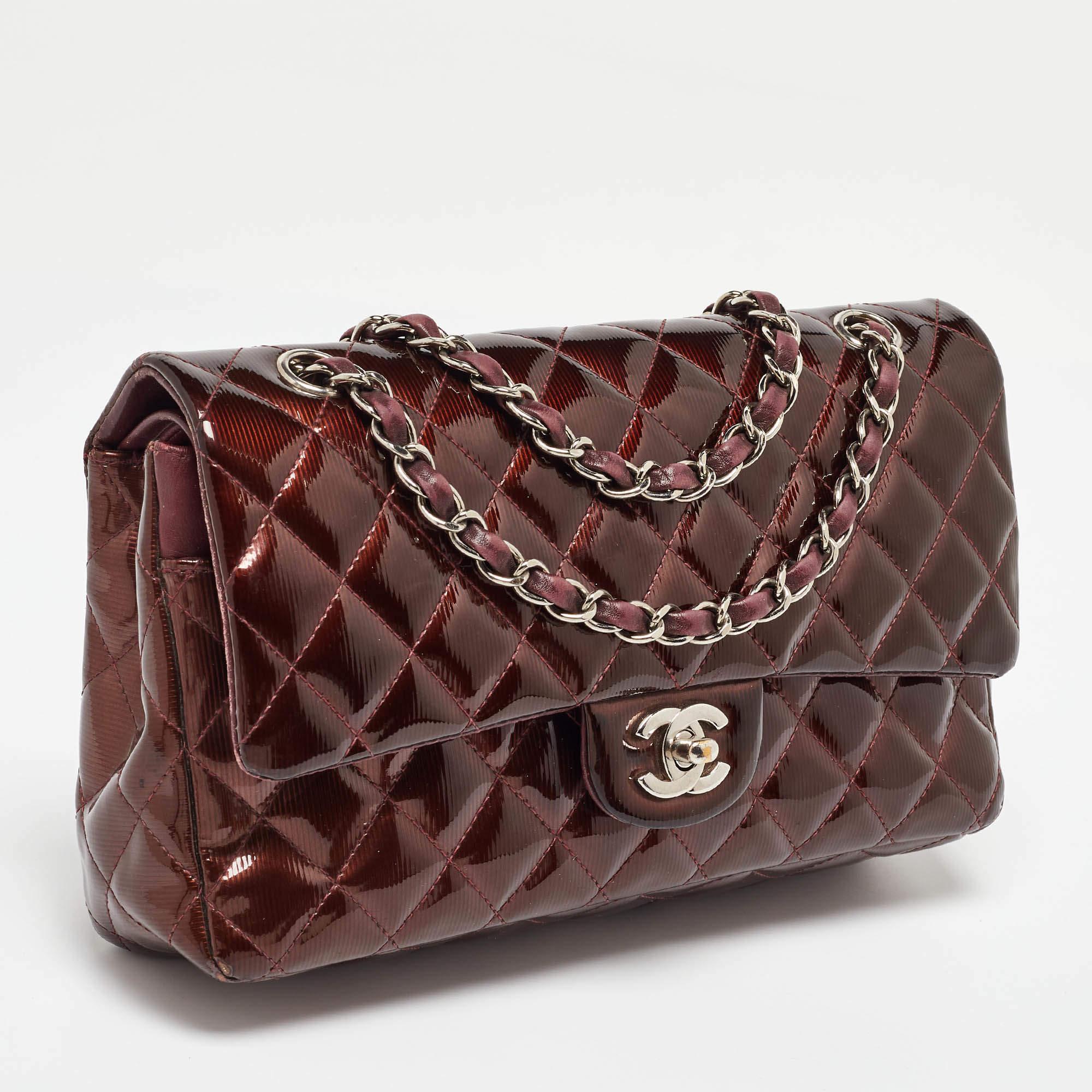 Black Chanel Brown Patent Leather Medium Classic Double Flap Bag For Sale
