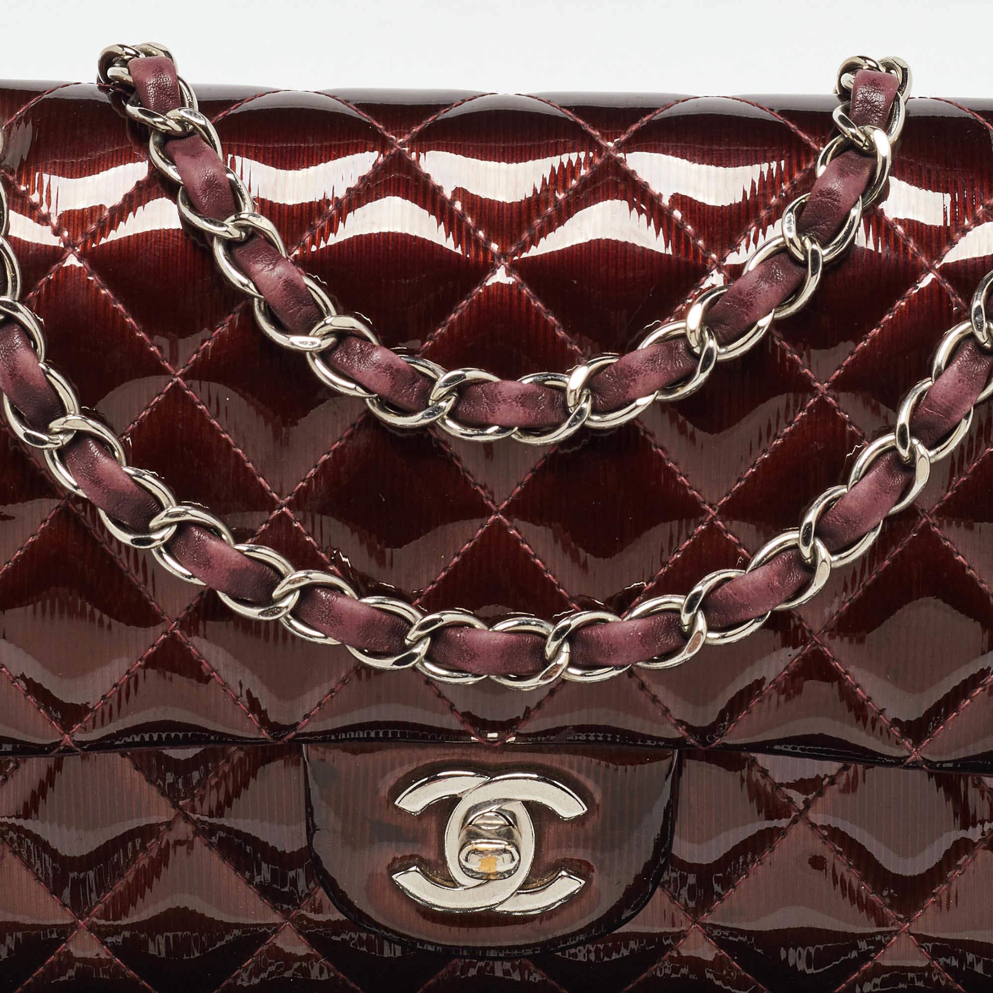 Women's Chanel Brown Patent Leather Medium Classic Double Flap Bag For Sale