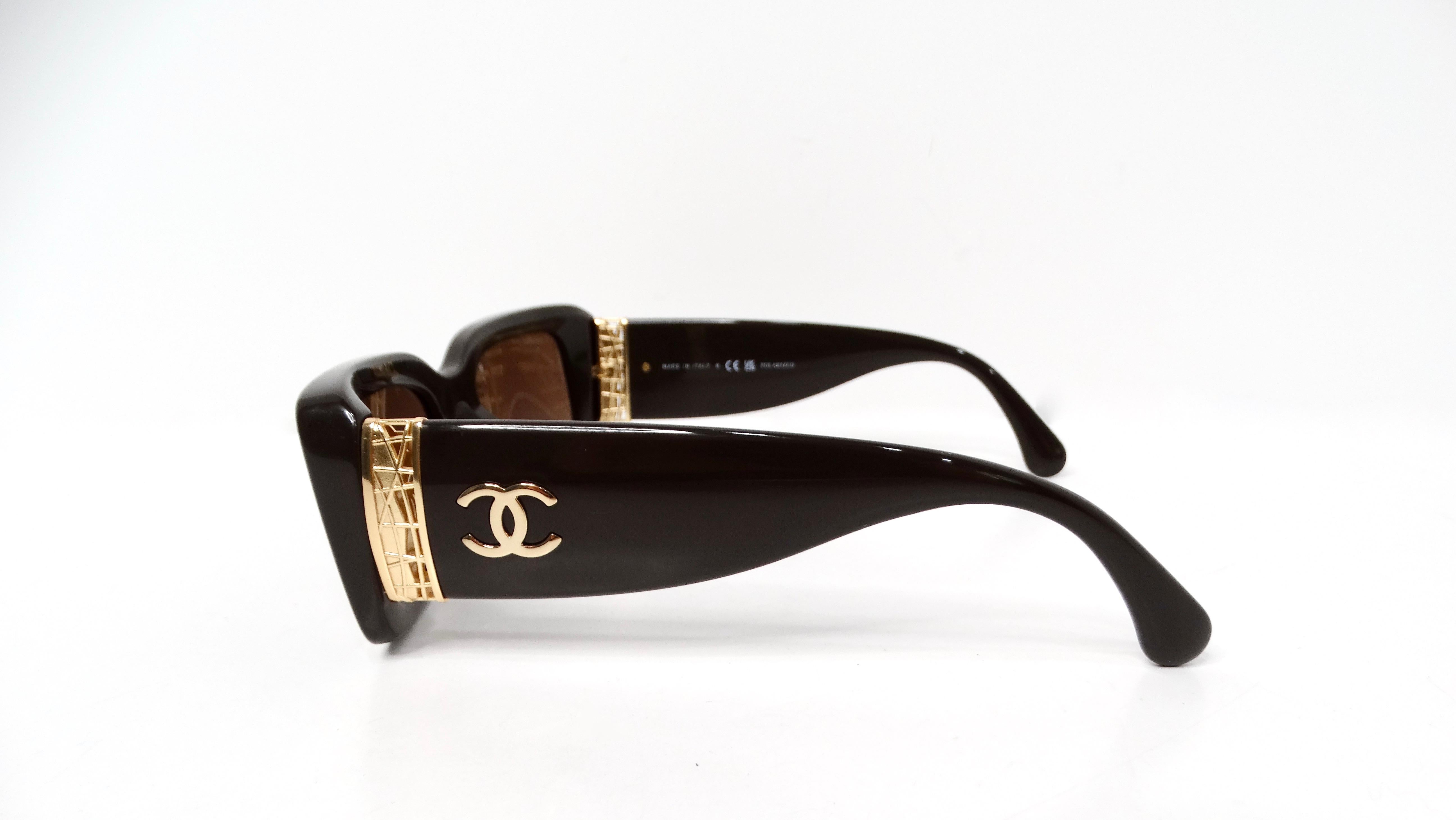 Black Chanel Brown Polarized Rectangular Gold-Tone Interlocking CC Accent Sunglasses For Sale