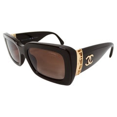 Chanel Brown Polarized Rectangular Gold-Tone Interlocking CC Accent Sunglasses
