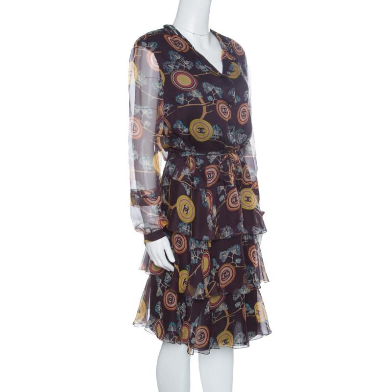 Black Chanel Brown Printed Silk Ruffled Tie Detail Long Sleeve Dress L