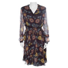 Chanel Brown Printed Silk Ruffled Tie Detail Long Sleeve Dress L